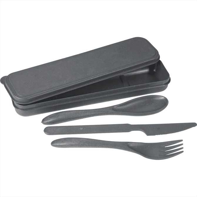 A bamboo fibre cutlery set in black, including a spoon, knife, fork, and carrying case.