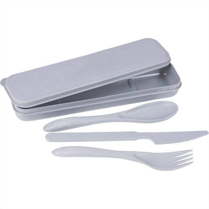A grey bamboo fibre cutlery set including a spoon, fork, and knife in a matching storage case.