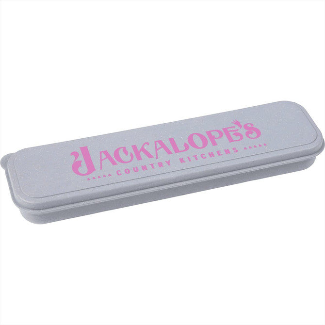 A grey cutlery set case with a logo, designed to hold bamboo fibre cutlery.