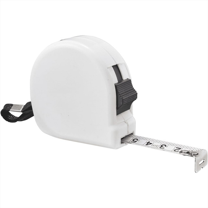 A white 5 metre measuring tape with a retractable feature and a black strap for easy carrying.