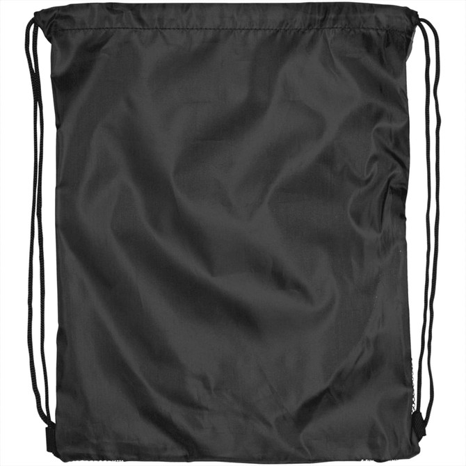 A black drawstring backpack with a simple design and adjustable cords, featuring a logo.