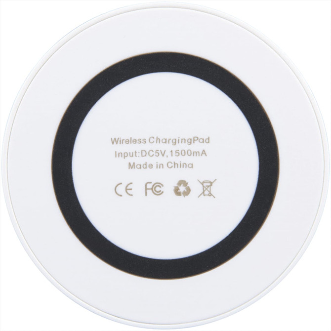 A wireless charging pad in white with a solid black circular base, featuring a logo.