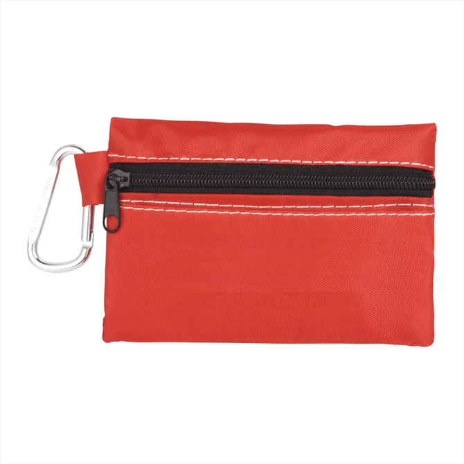 A red pouch with a black zipper and a carabiner clip, designed for first aid supplies.