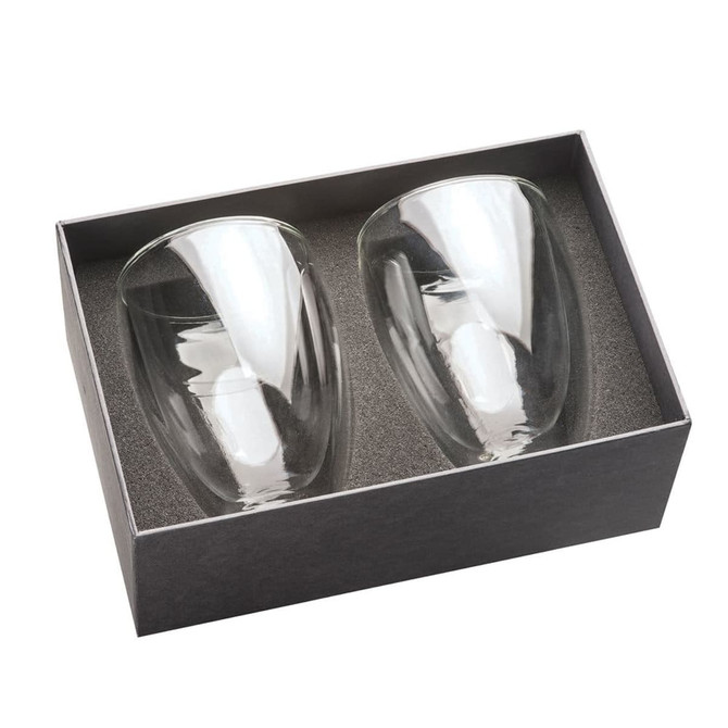 A glass coffee and tea set featuring two clear glasses, presented in a sleek black box with foam insert.