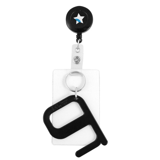 A black retractable badge holder with a clear card holder and a black keychain attached. It features a small logo at the top.