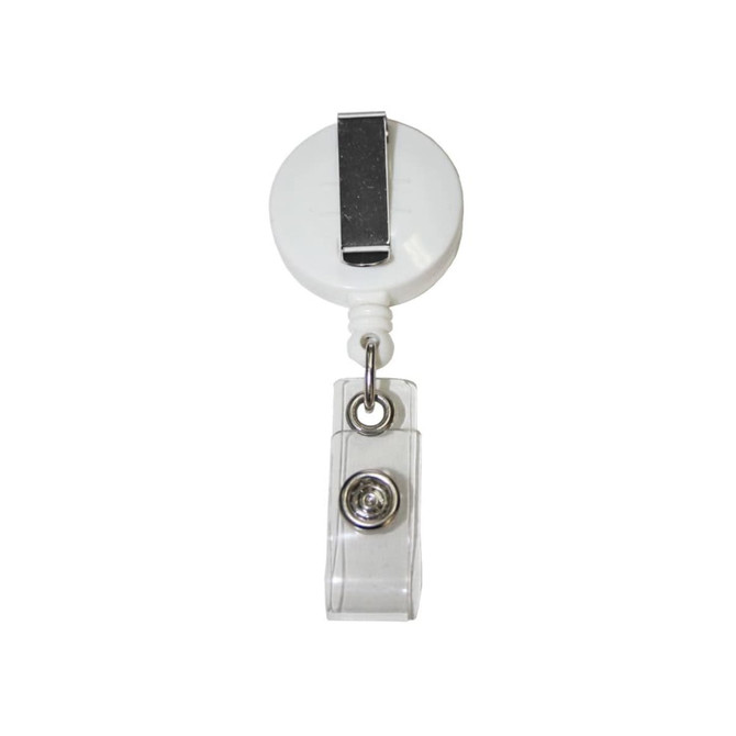 A white retractable badge holder with a metal clip and a transparent reel attachment.