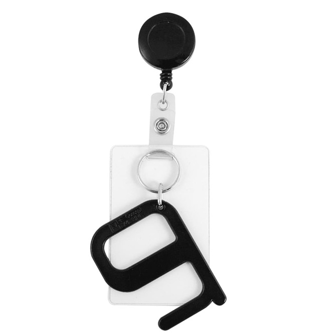 A retractable badge holder in black and clear, with a key ring and a stylised hook attached.