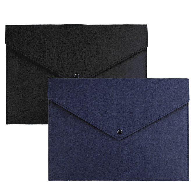 A set of two felt folders in black and navy, featuring a button closure and an envelope design.