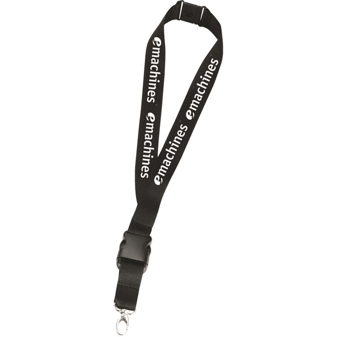 A black 25mm lanyard with a logo, featuring a clip for attaching items. Suitable for events and exhibitions.