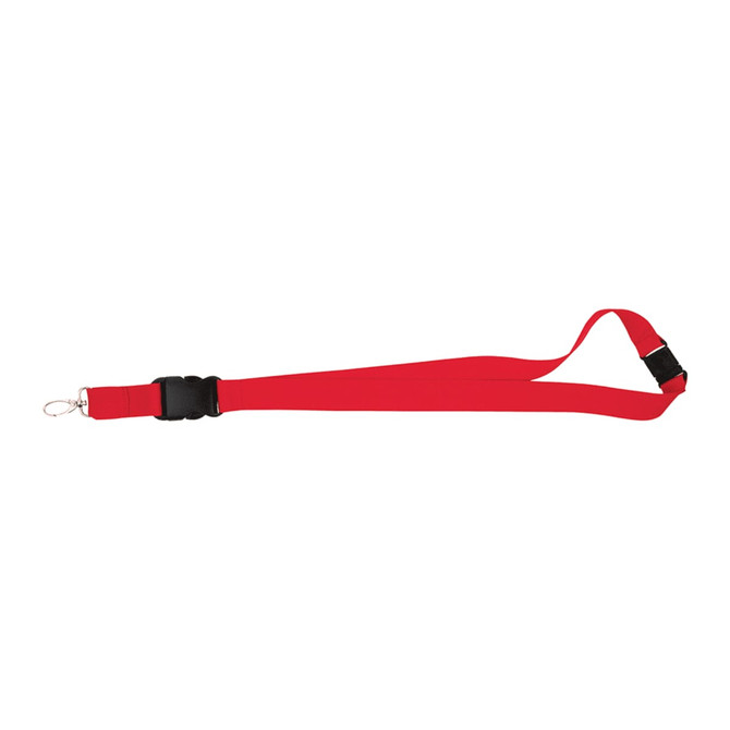 A red 25mm lanyard featuring a clip for attachment and a black adjustable section. It includes a logo.