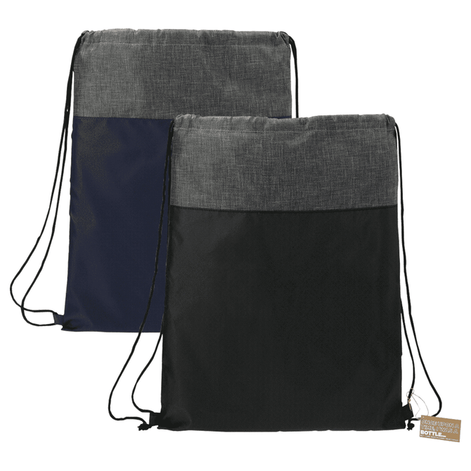 A drawstring bag featuring a grey top and black or navy body, with a logo on the side. Made from recycled materials.
