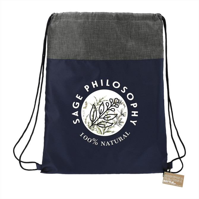 A navy and grey drawstring bag with a circular design and a logo. Features adjustable straps.