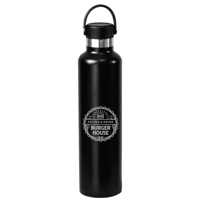 A drink bottle in matte black stainless steel, featuring a carry handle and a logo on the front.