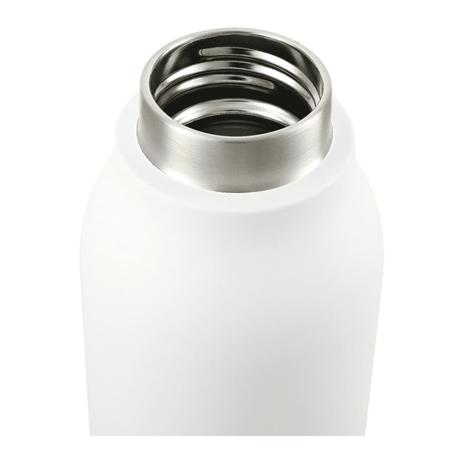 A drink bottle with a smooth white exterior and a stainless steel opening, featuring a metal loop on the side.