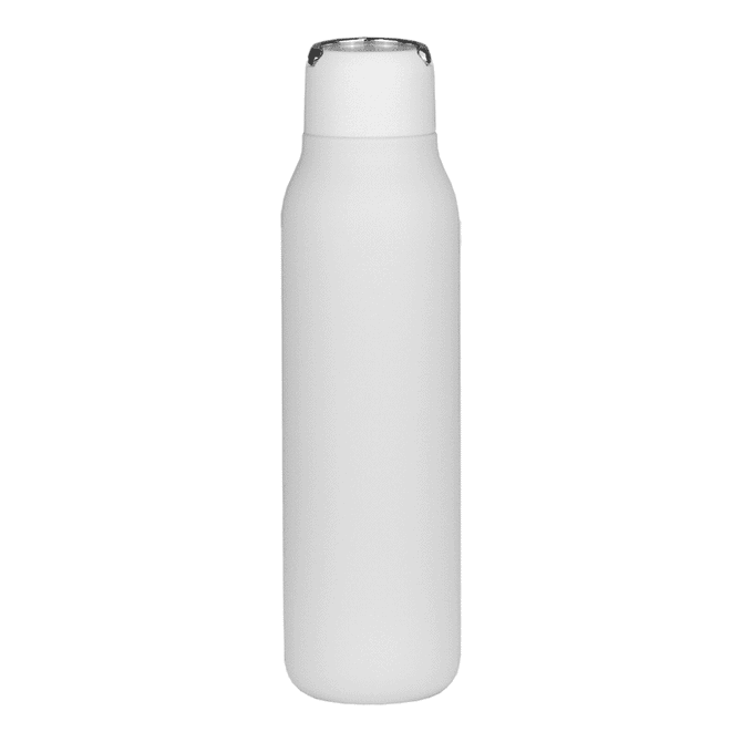 A drink bottle in white with a metal loop and sleek design, featuring a logo. Holds 600ml.
