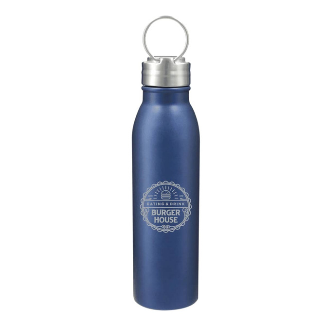 A drink bottle in blue stainless steel with a silver lid and an engraved logo design.