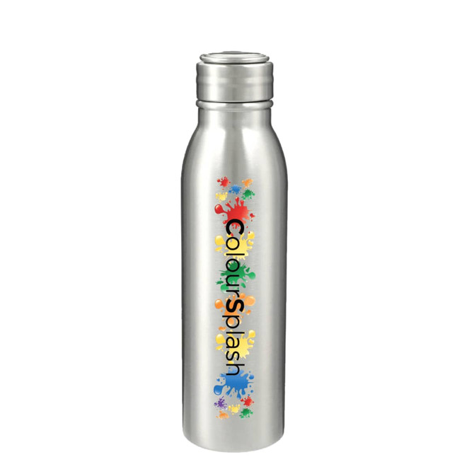 A drink bottle in silver stainless steel, featuring a colourful logo design.