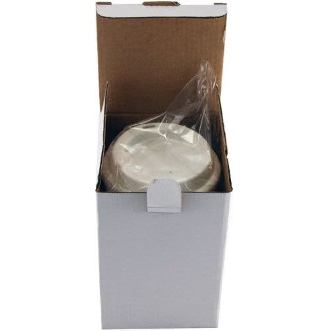 A ceramic coffee mug in a cardboard box, packaged with protective plastic. The mug appears white in colour.