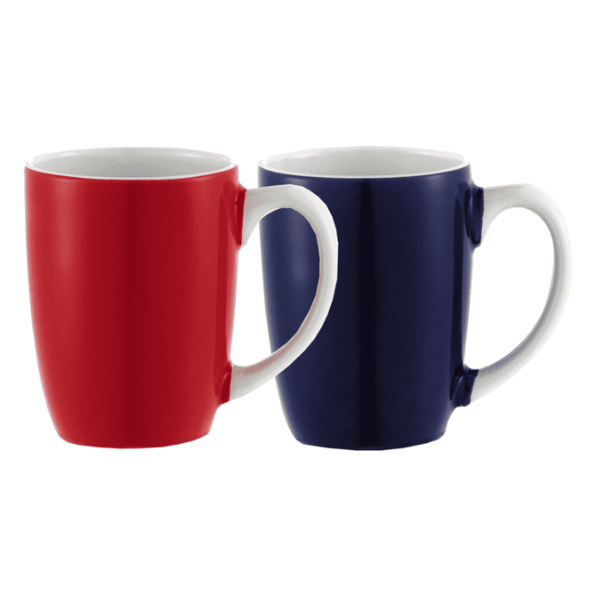 A drinkware set featuring two ceramic mugs, one red and one navy blue, each with a smooth finish and a handle.
