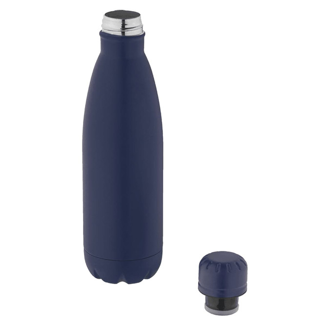 A drink bottle in navy blue, featuring a stainless steel cap and an additional matching lid.
