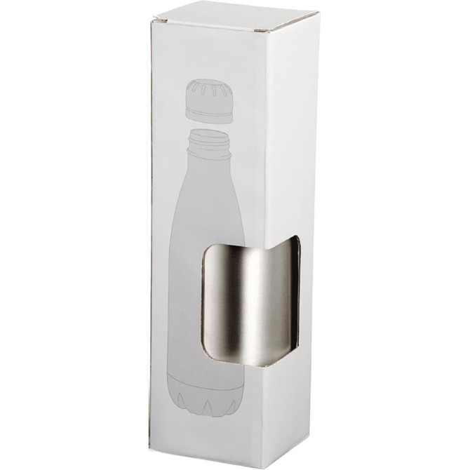 A white packaging box designed for a stainless steel drink bottle, featuring a cut-out window and a logo.