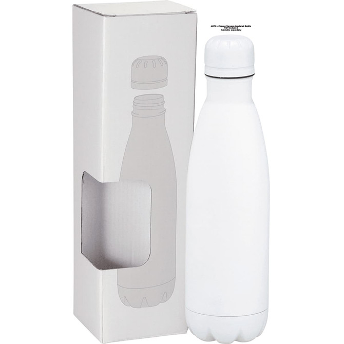 A white insulated drink bottle packaged in a plain white box. The box features a cut-out display window.