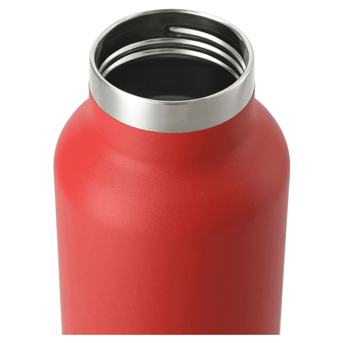 A drink bottle with a sleek red body and a stainless steel rim, featuring a vacuum insulated design.