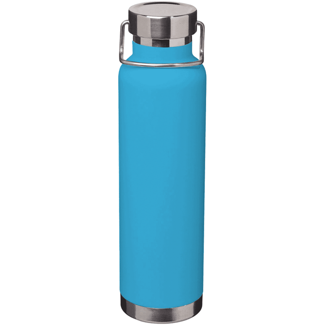 A drink bottle in bright blue with a stainless steel cap and handle, featuring a logo. Holds 650ml.