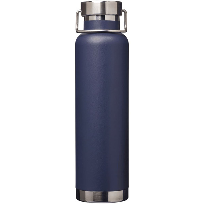 A drink bottle in navy blue with a stainless steel cap and base. It features a logo.