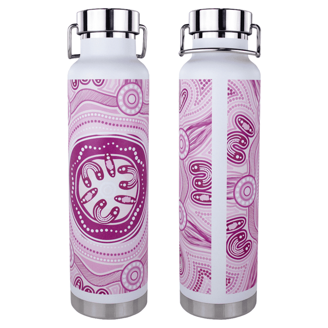 A drink bottle with a pink and white patterned design, featuring a stainless steel lid and base, and a logo.