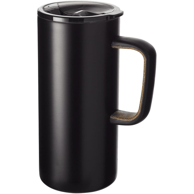 A drink bottle featuring a sleek black design with a cork accented handle and a secure lid. It has a logo.