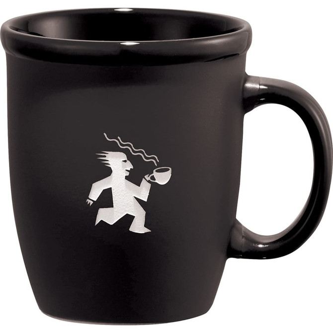 A black ceramic mug with a handle, featuring a logo of a figure running while holding a cup.