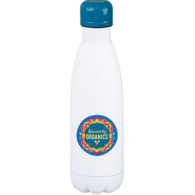 A drink bottle featuring a white body and a teal lid, with a circular logo on its surface.