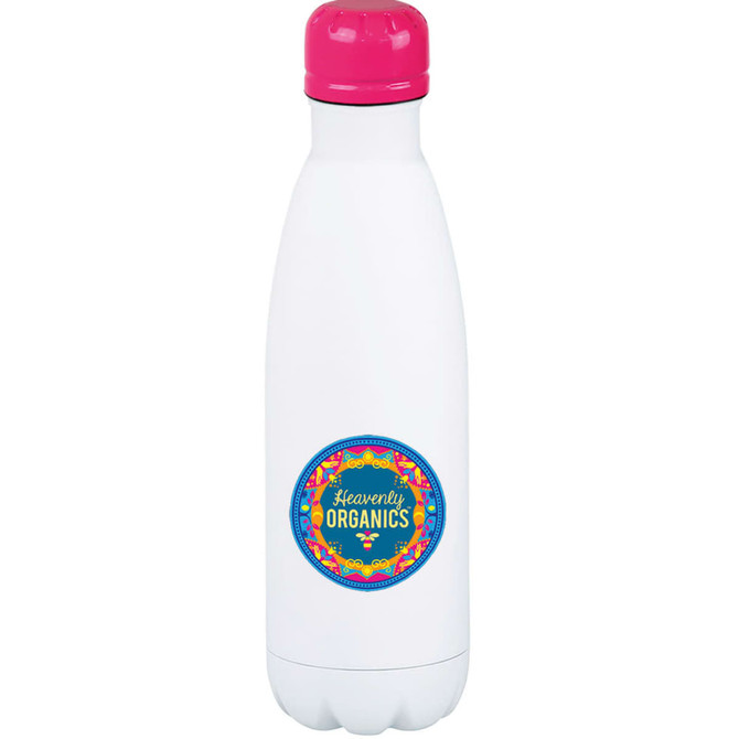 A drink bottle with a white body and a pink lid, featuring a circular logo. Designed for vacuum insulation.