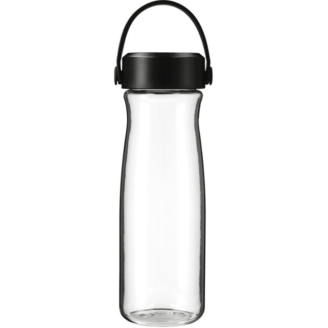 A drink bottle with a black lid and handle, featuring a clear body, designed for sports and hydration.