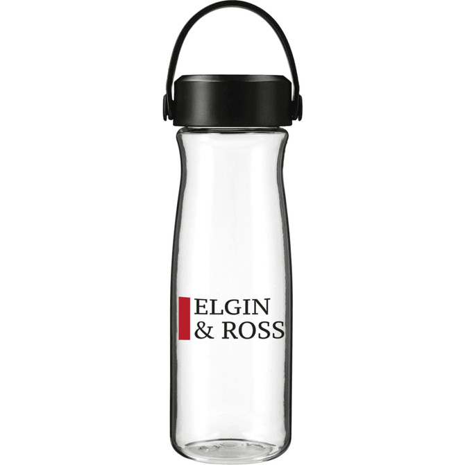 A drink bottle in clear plastic with a black lid and carrying handle, featuring a logo.