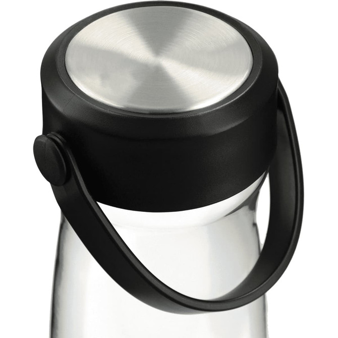 A drink bottle featuring a clear body, stainless steel lid, and a black handle. It includes a logo on the side.