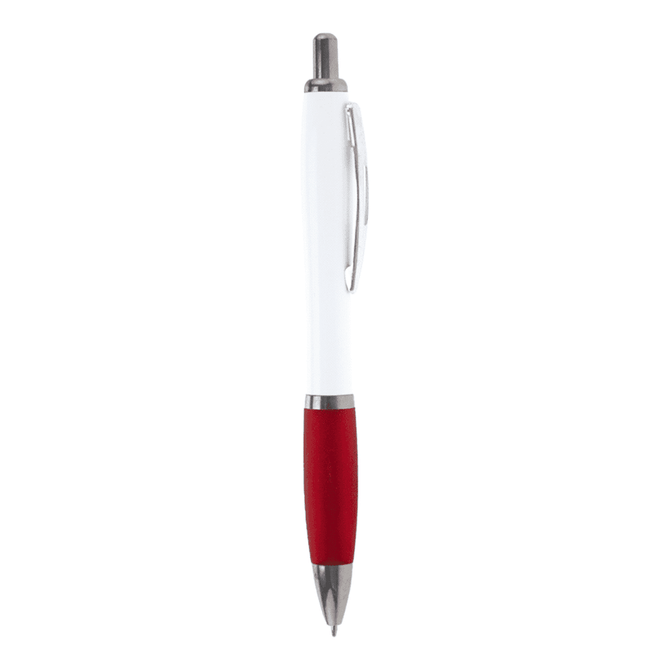 A ballpoint pen with a white barrel and a red grip, featuring a silver clip and tip. It has a logo on the barrel.