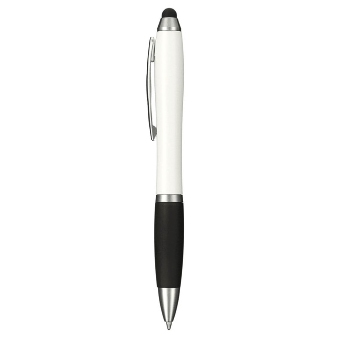 A stylus pen in white and black, featuring a smooth design and a silver clip. Includes a logo.
