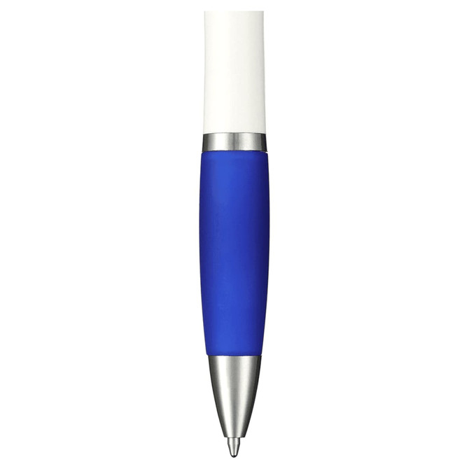 A blue and white antibacterial pen with a silver tip and a rubber grip. It features a logo.