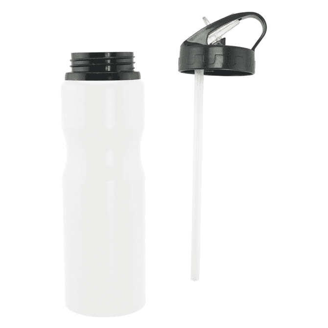 A drink bottle in white with a black lid and straw, featuring a logo design.
