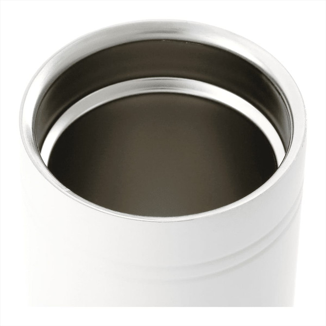 A drink bottle with a white exterior and stainless steel interior, featuring a logo on the side.