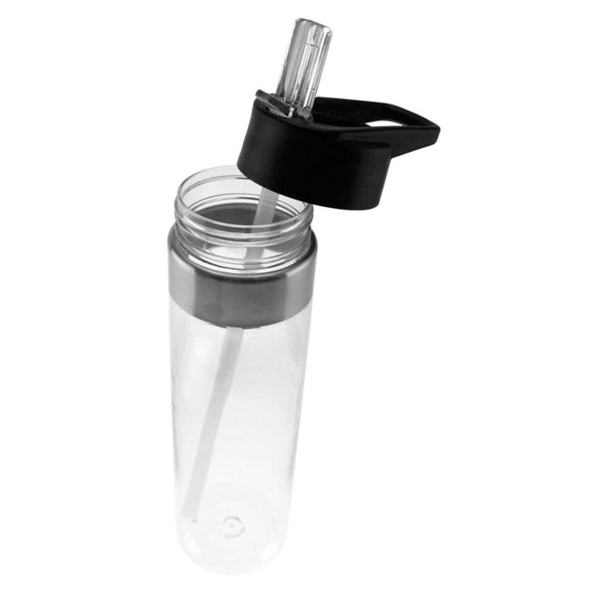 A drink bottle in clear plastic with a stainless steel base and a black lid, featuring a straw and a lid handle.