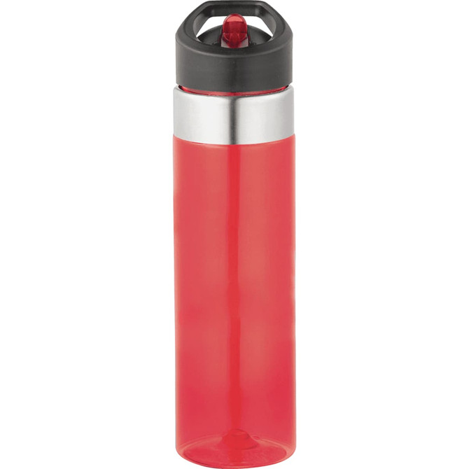 A drink bottle in vibrant red with a black and silver lid, featuring a logo.