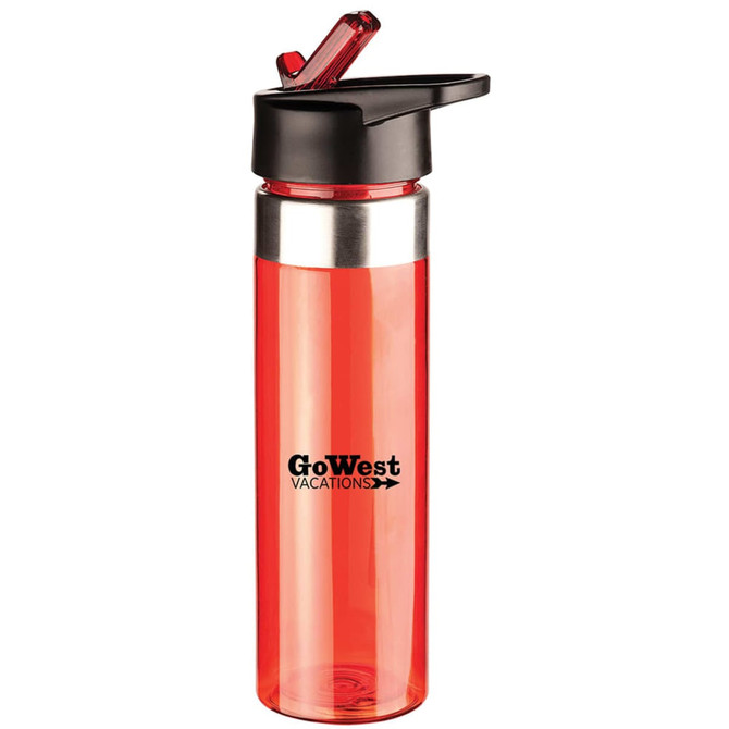 A drink bottle in bright red with a black lid and straw, featuring a logo on the body.