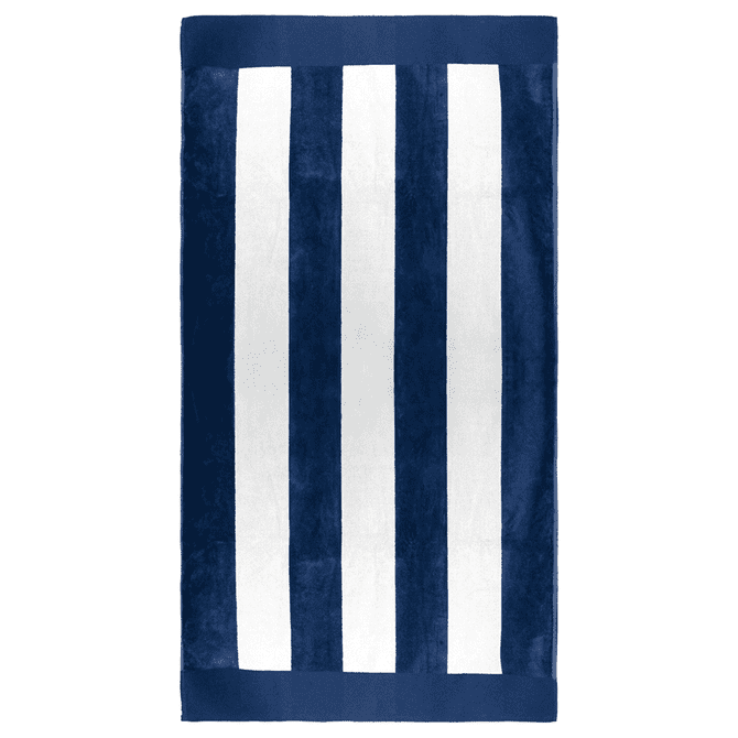 A navy blue and white striped beach towel with a logo on one corner. Perfect for leisure and outdoor activities.
