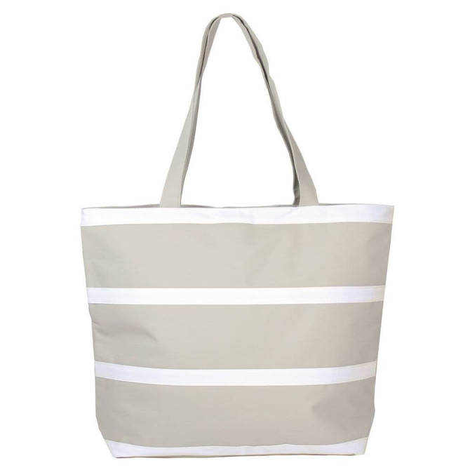 A light grey insulated cooler bag with white stripes and dual handles. It features a logo on one side.