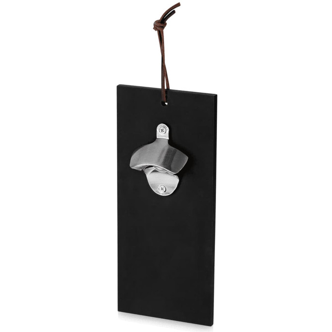 A drink bottle opener with a sleek black design and a silver metal cap, featuring a hanging cord.