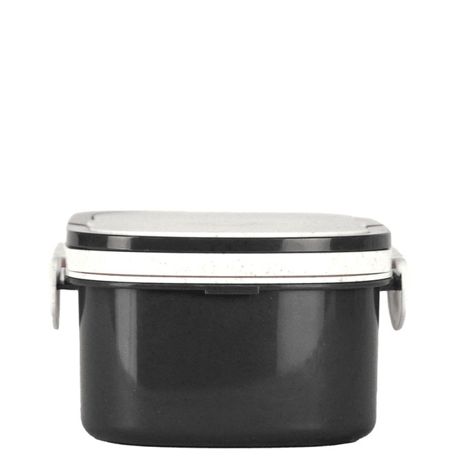 A black plastic and wheat straw lunch box with a secure lid and side clasps. Features a simple design.