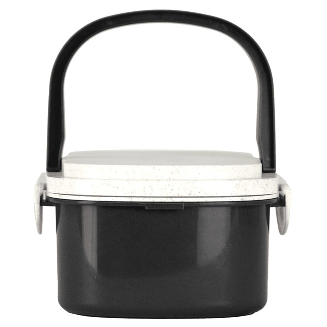 A plastic and wheat straw lunch box in black with a white lid and a black handle. Features a logo.